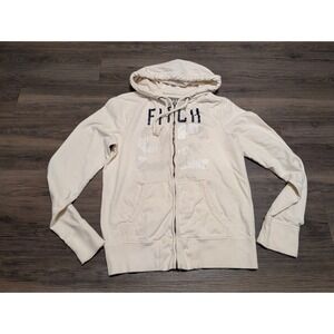 Abercrombie & Fitch Full Zip Up Hoodie Mens M Cream Fitch 92 Spellout Graphic